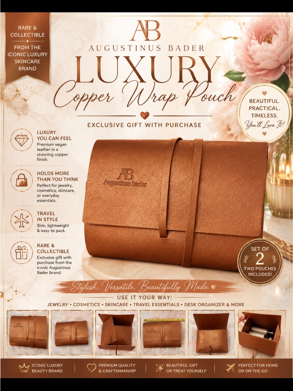 Augustinus Bader Leather Travel Pouch/ wrap clutch. New